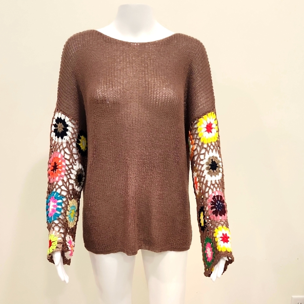 DAVI & DANI Brown Knit Top with Colorful Crochet Sleeves